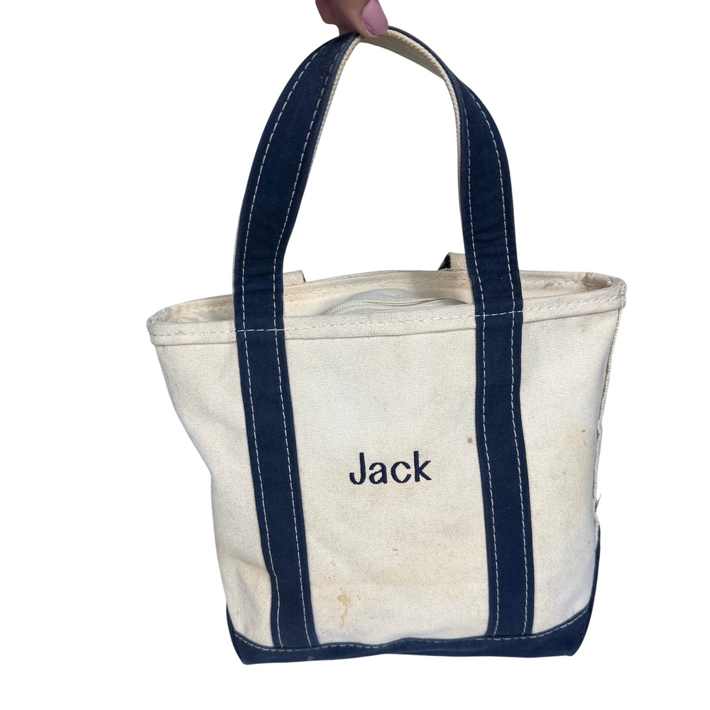 L.L. Bean Boat and Tote Bag Small White Navy Jack Embroidered Zip Top Canvas